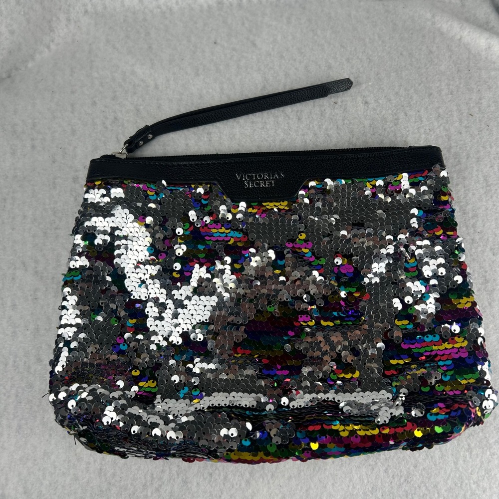 Victoria's Secret Wristlet Women OS Black Rainbow Reversible Sequin Clutch Bag